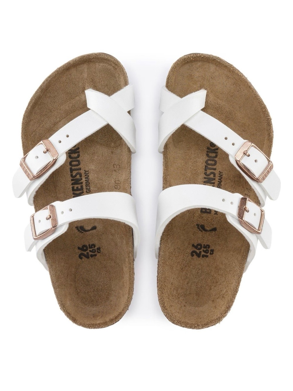 Birkenstock Miyari White Kids Sandals with Cork Footbed and Rose Gold Buckles - Picture 2 of 7